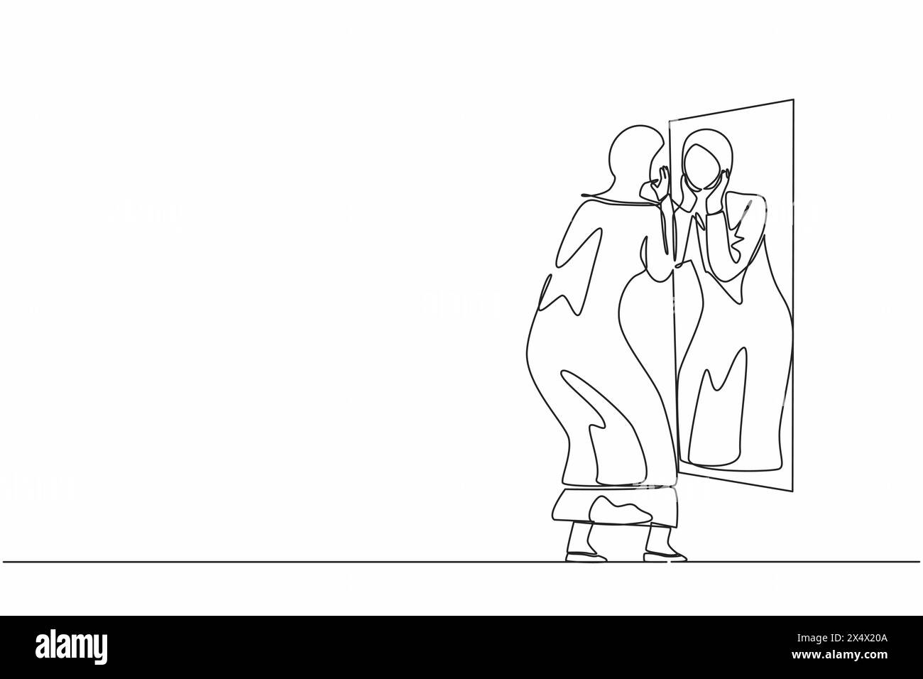 Linea singola continua che disegna una donna d'affari araba che tiene il volto sullo specchio riflettente. Donna che applica lozione sul viso dopo il bagno o lavare il suo fa Illustrazione Vettoriale