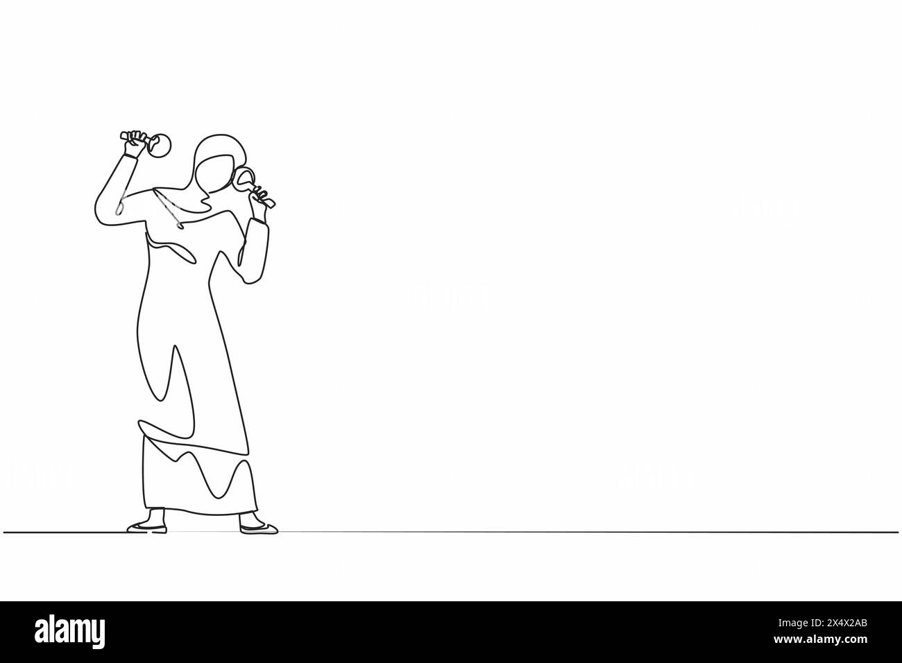 Linea singola continua che disegna una donna araba suonatrice di Street band mariachi suona maracas. Esecutore femminile con maracas strumenti musicali, mariachi PL Illustrazione Vettoriale