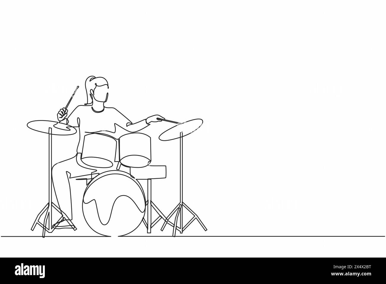 Singola linea che disegna una musicista femminile, jazz, rock and roll suonando strumenti di batteria e percussioni. Festival musicale, concerto pop, festa nuziale performa Illustrazione Vettoriale