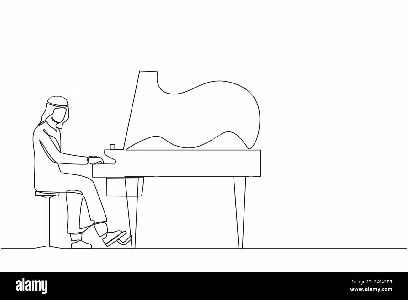 Linea singola continua disegnando l'uomo arabo suona il pianoforte. L'interprete maschile siede allo strumento musicale e suona jazz o blues. Musicista professionista. Persona Illustrazione Vettoriale
