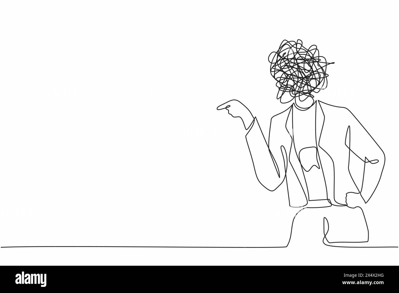Linea singola continua che disegna una donna d'affari con scarabocchi rotondi al posto della testa. Lavoratore arrabbiato che litiga, in conflitto. Litigare combattere una persona aggressiva. Illustrazione Vettoriale