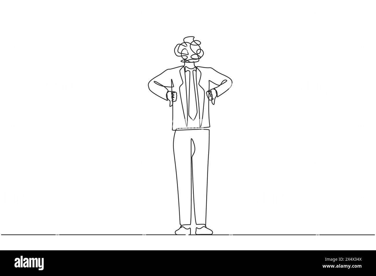 Una linea continua che disegna un uomo d'affari con scarabocchi rotondi al posto della testa. Un manager maschio confuso sta in piedi e mostra un cartello con il pollice giù. Disaccordo Illustrazione Vettoriale