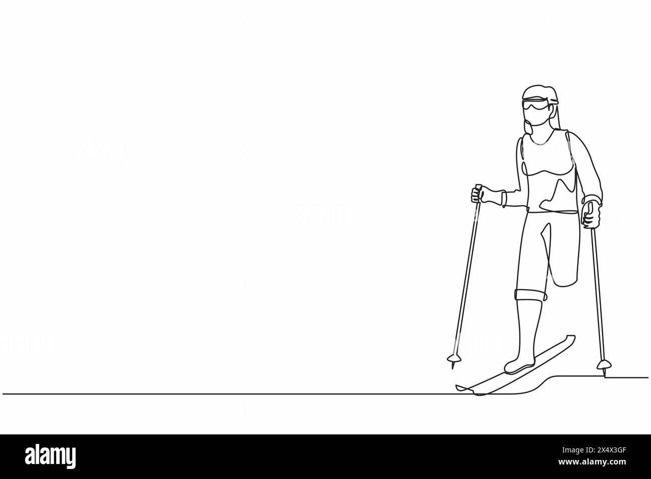 Linea singola continua che disegna atleta sciatrice senza gambe che sciano sulla neve. donna sportiva con sci e bastoncini in occhiali in inverno. Sport, torneo Illustrazione Vettoriale