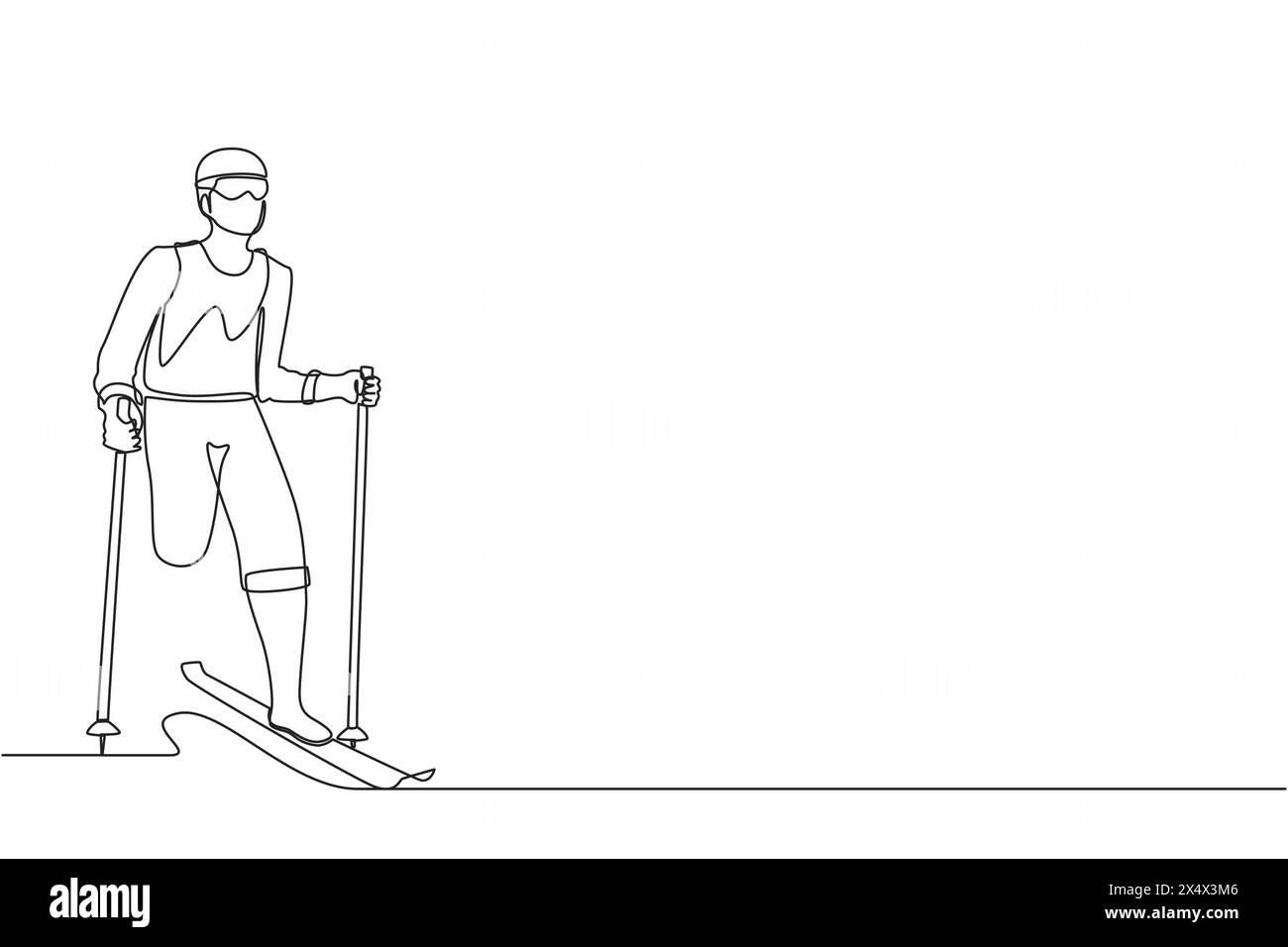 Una sola linea disegnando atleta sciatore senza gambe sciare sulla neve. sportivo con sci e bastoncini in occhiali in inverno. Sport, torneo. Contin Illustrazione Vettoriale