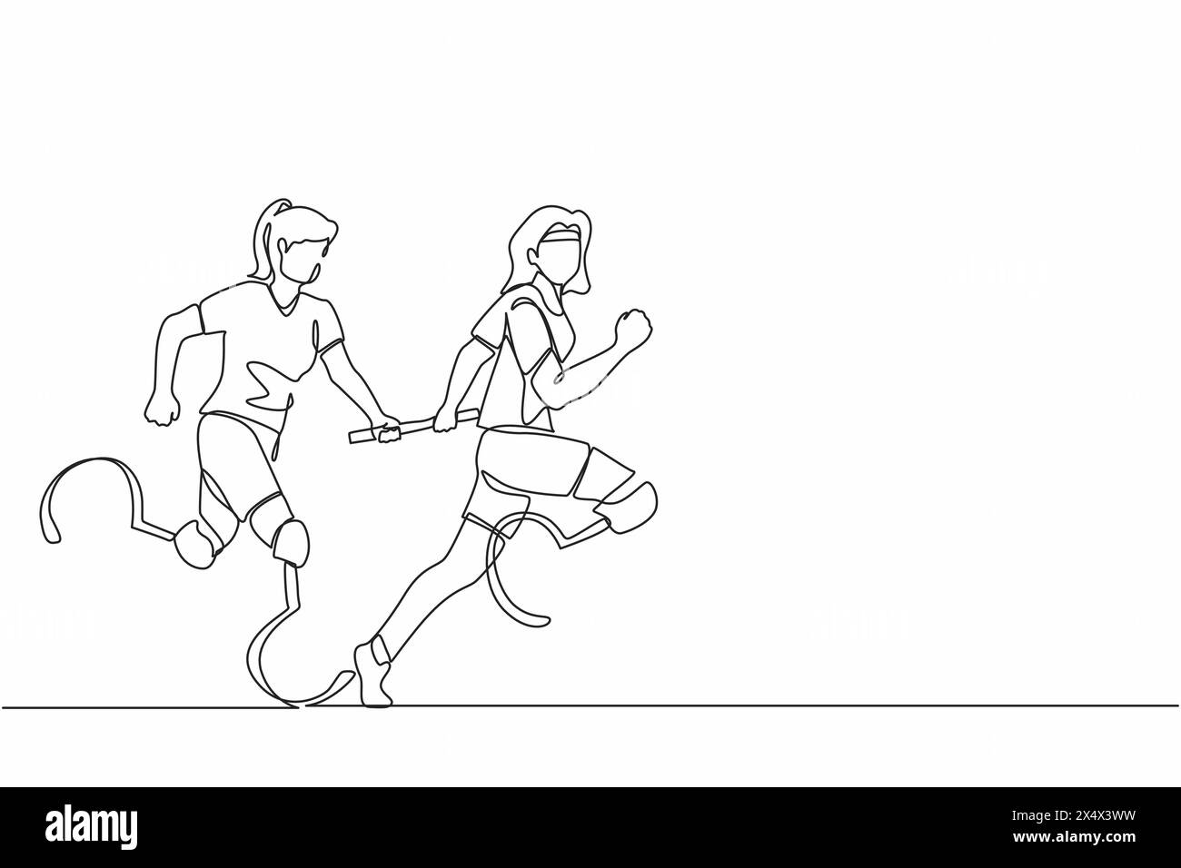 Linea singola continua disegnando due corridori disabili con protesi gamba, donne disabili, atleti amputati, amputati che corrono in staffetta consegnando ove Illustrazione Vettoriale