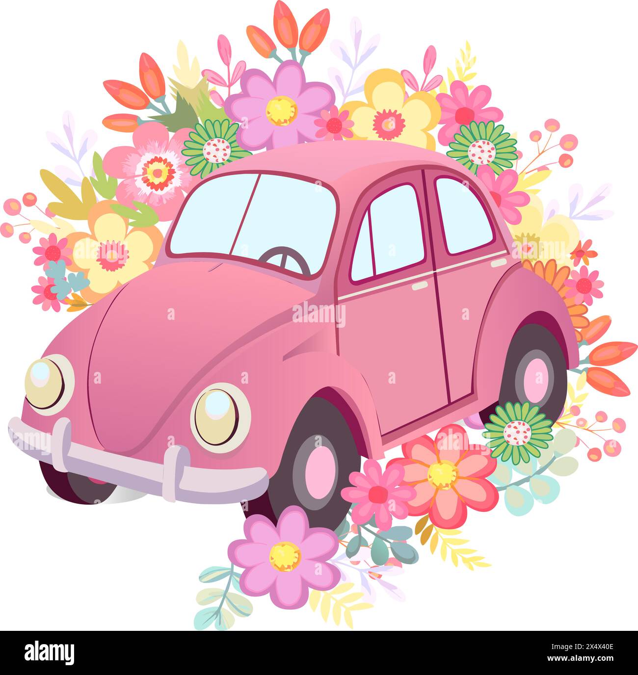 auto rosa retrò, vintage con graziosi fiori sullo sfondo Illustrazione Vettoriale