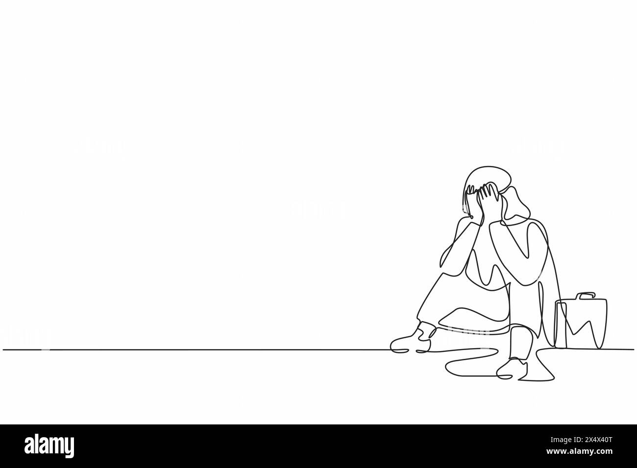 Una linea continua che disegna un uomo d'affari arabo triste coprirsi il viso con le mani e sedersi sul pavimento. Disturbo da depressione, triste, dolore, delusione Illustrazione Vettoriale