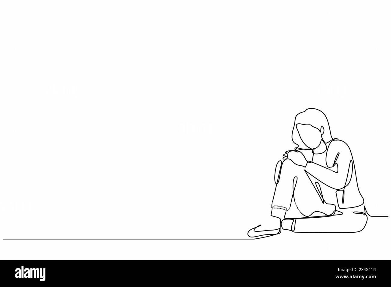 Una sola linea che disegna una donna d'affari molto triste seduta da sola sul pavimento. Disordine depresso della giovane donna, triste, dolore, sintomo di delusione. Contin Illustrazione Vettoriale