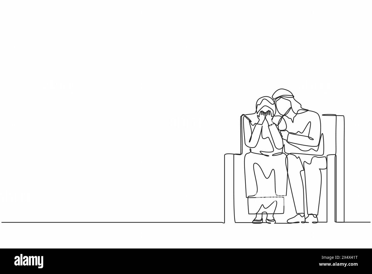 Linea singola continua disegnando un uomo arabo che si prende cura di sé seduto sul divano, abbracciando la spalla di una donna depressa e cercando di aiutarla o sostenerla. Supporto, mentale Illustrazione Vettoriale