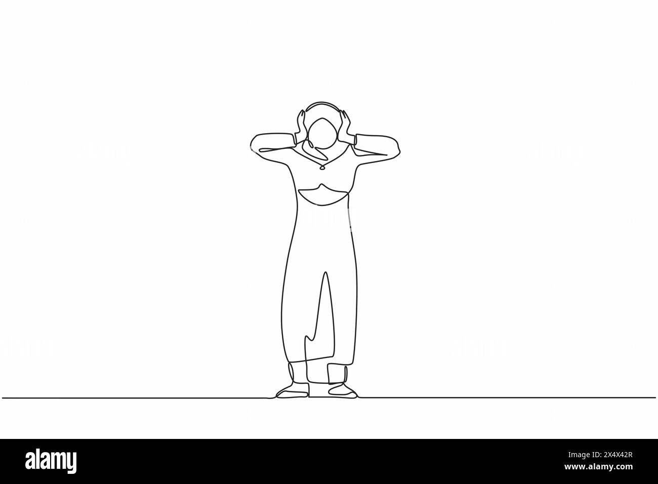 Singola linea continua disegno stressato donna d'affari araba con mal di testa, mani sulla testa, emicrania, problemi di salute, dolore testa, emozione, bacchetta da stress Illustrazione Vettoriale