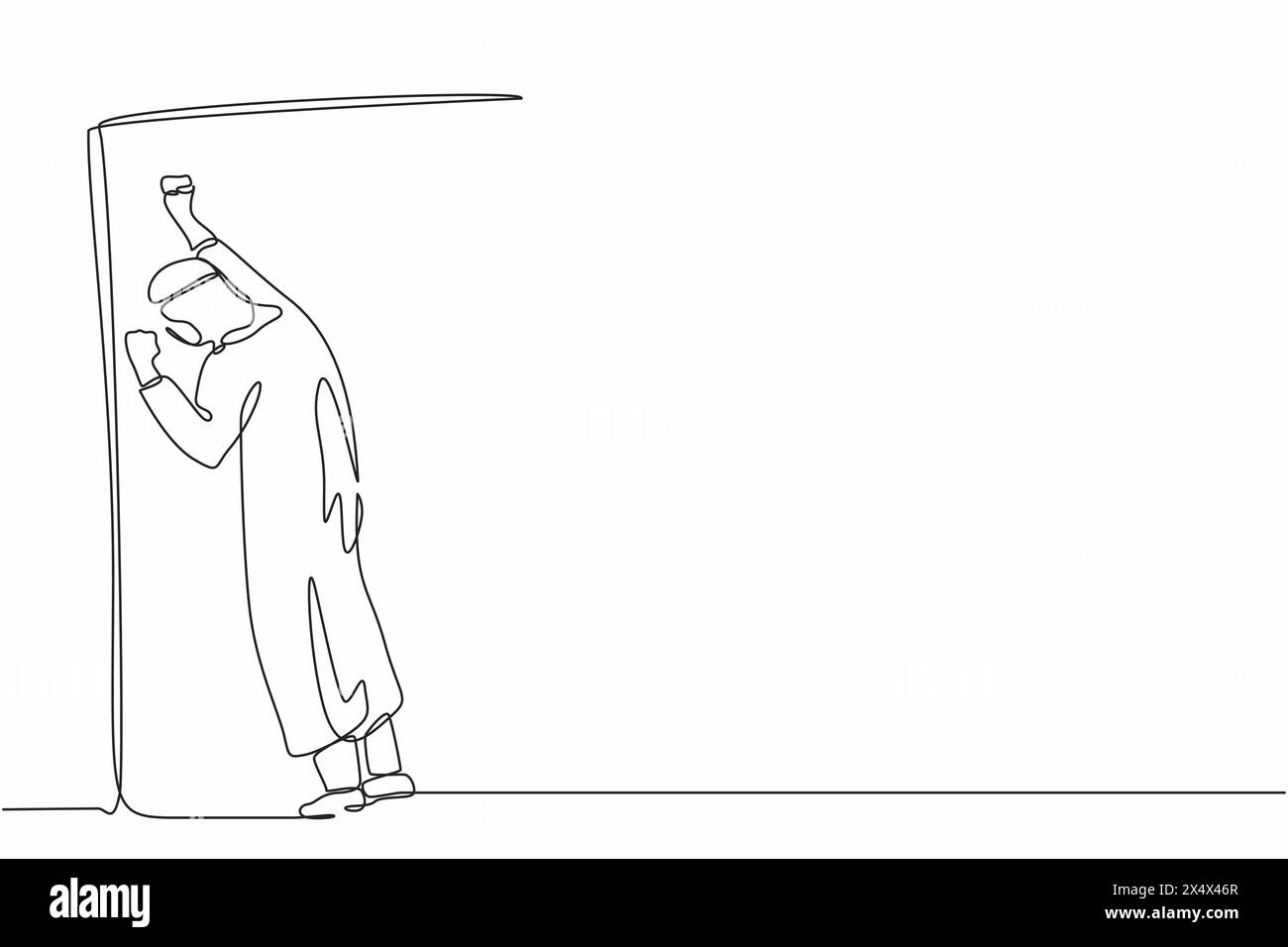 Una linea continua che disegnava un uomo d'affari arabo che piangeva triste perse la sua opportunità. Depresso lavoratore d'ufficio che piange sul muro perdendo il lavoro. Depressiv Illustrazione Vettoriale