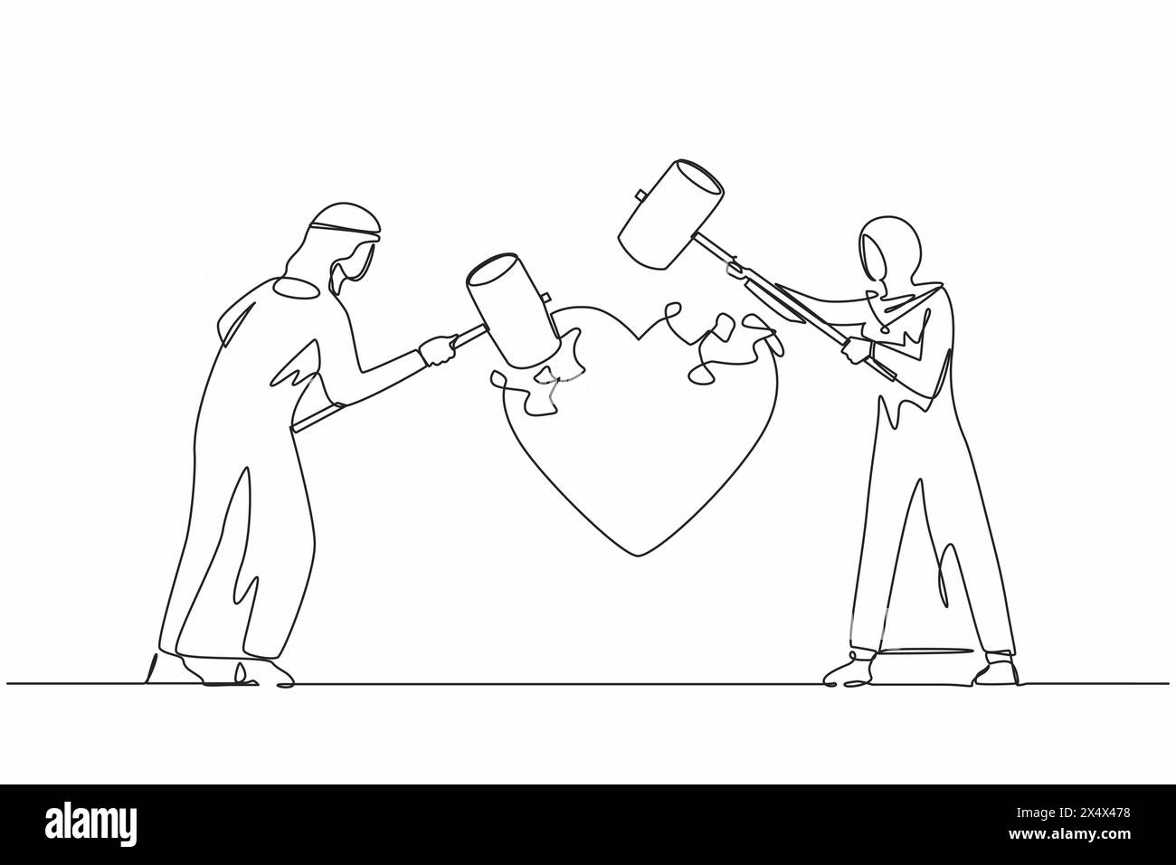 Continua una linea che disegna arrabbiato coppia araba marito e moglie usando un grande martello per colpire la forma del cuore spezzato. Problemi di matrimonio, divorzio, violenza a brok Illustrazione Vettoriale