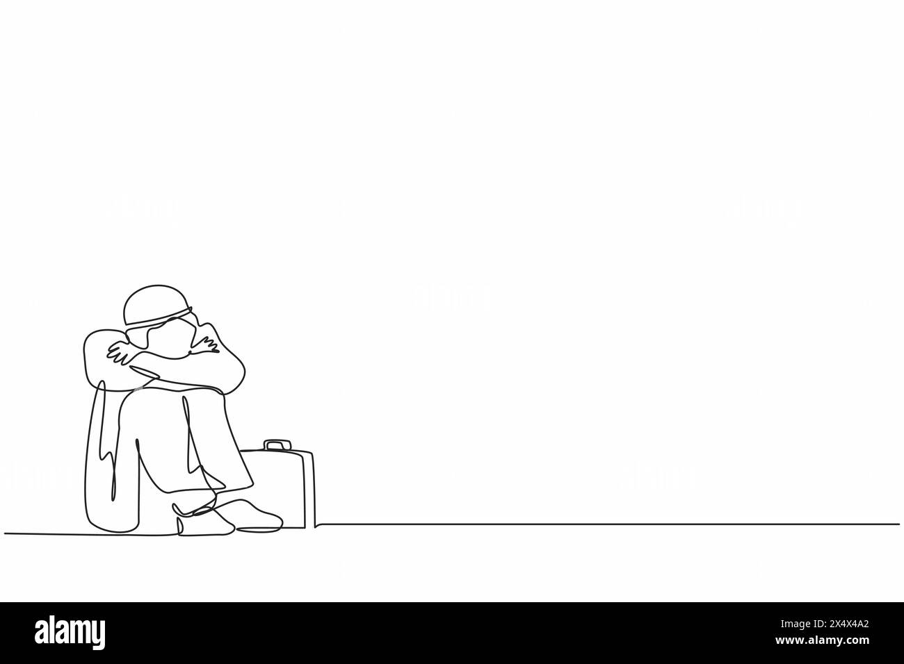 Un unico disegno continuo depresso uomo d'affari arabo soffre di emozione tristezza stress con la valigetta seduta disperata sul pavimento. Sensazione di lavoro Illustrazione Vettoriale