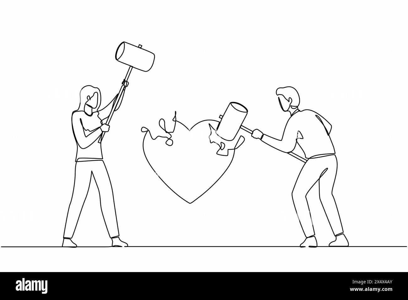 Una linea continua che disegna una coppia arrabbiata marito e moglie usando un martello grande per colpire la forma del cuore spezzato. Problema di matrimonio, divorzio, violenza in rotto Illustrazione Vettoriale