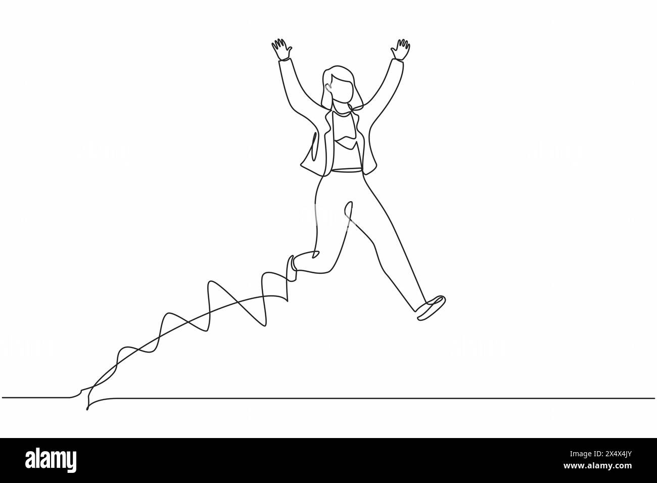 Singola linea continua disegnando felice donna d'affari saltare con entrambe le mani alzate. La giovane donna di vendita celebra l'aumento degli stipendi e beneficia dell'azienda. Illustrazione Vettoriale