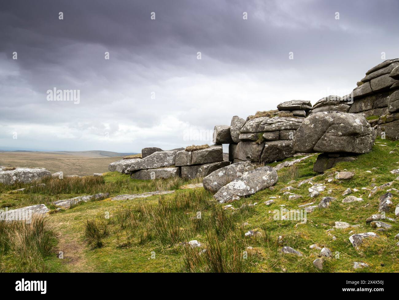 Vista dalla cima di Rough Tor sulla Bodmin Moor in Cornovaglia, Inghilterra, Regno Unito Foto Stock