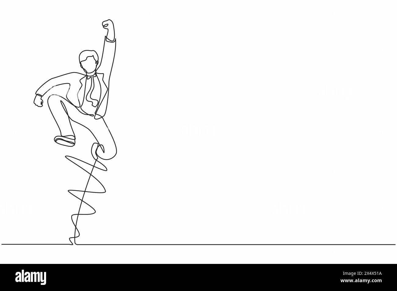 Una sola linea disegnando un uomo d'affari felice salta con piega una gamba e solleva una mano. Manager maschile che celebra il successo dell'aumento del prodotto aziendale Illustrazione Vettoriale