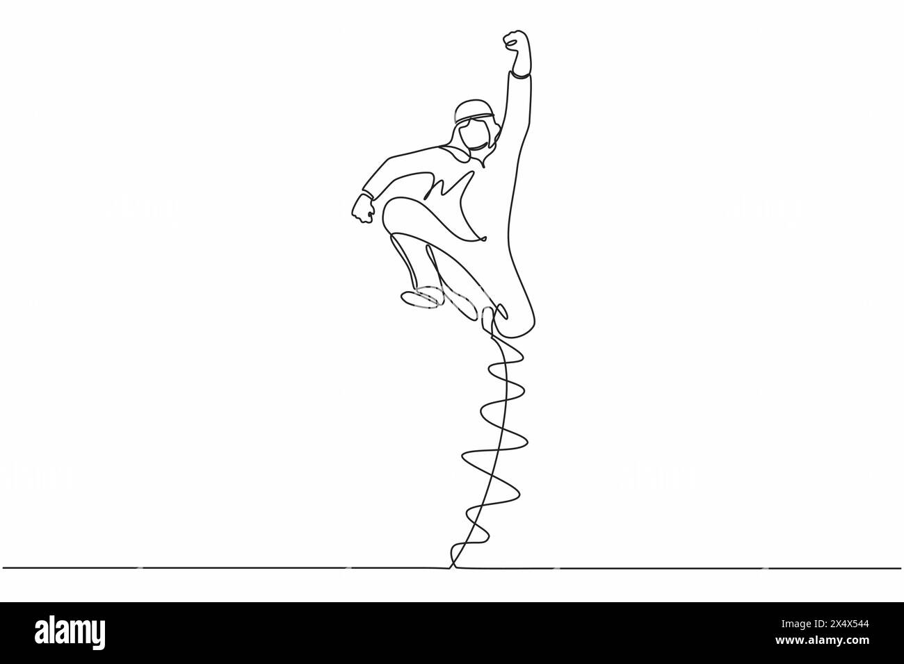 Una sola linea disegnando un uomo d'affari arabo felice salta con piega una gamba e solleva una mano. Manager maschile che celebra il successo di un'azienda sempre più professionale Illustrazione Vettoriale