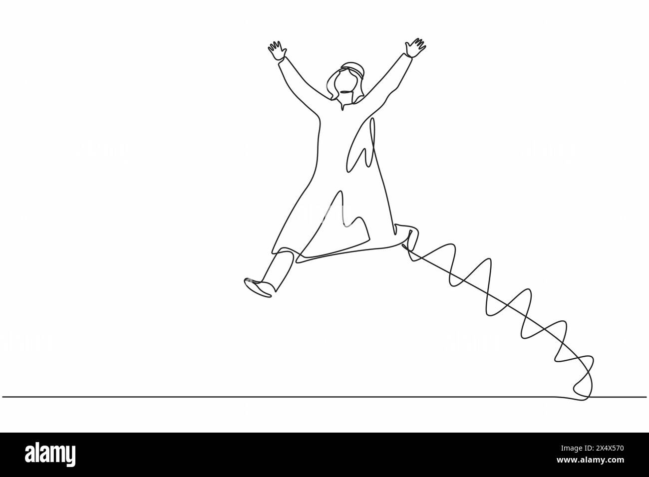 Linea singola continua disegnando felice uomo d'affari arabo saltare con entrambe le mani alzate. L'addetto alle vendite celebra l'aumento degli stipendi e i vantaggi offerti dall'azienda. O Illustrazione Vettoriale