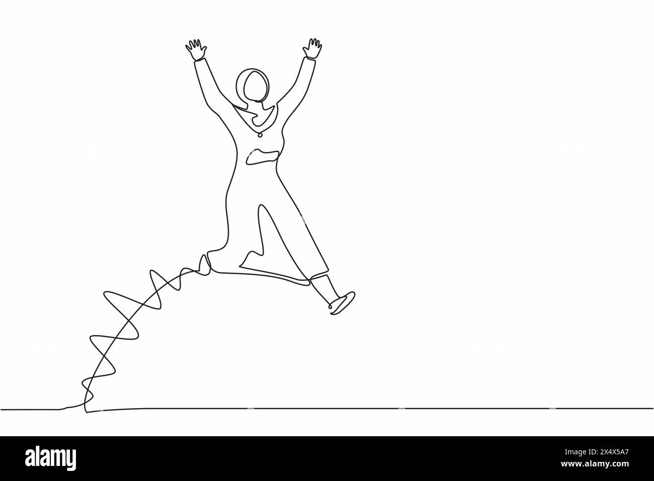 Singola linea continua disegno felice donna d'affari araba saltare con entrambe le mani alzate. Saleswoman celebra l'aumento degli stipendi e i vantaggi dell'azienda. Illustrazione Vettoriale