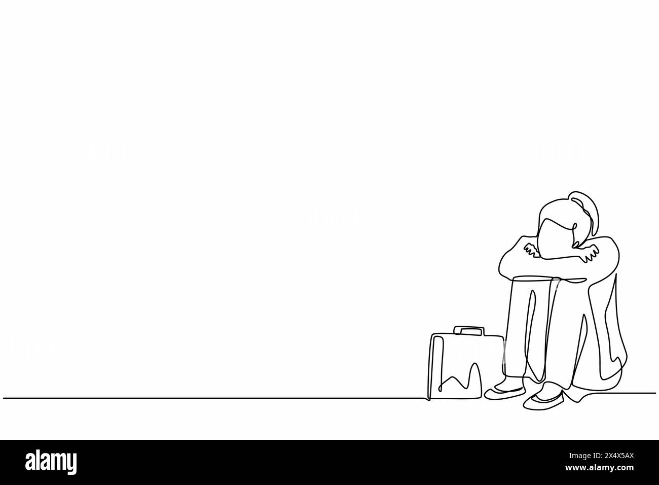 Una linea continua di disegno depressa donna d'affari soffre di emozione tristezza malinconia stress con la valigetta seduta disperata sul pavimento. Lavoratore triste Illustrazione Vettoriale