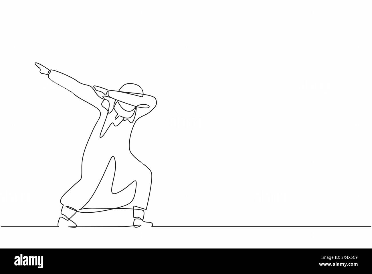 Una linea continua che disegna un uomo d'affari arabo felice in piedi con le braccia incrociate e guarda in basso. L'addetto alle vendite celebra l'aumento di stipendio dell'azienda. Peccato Illustrazione Vettoriale