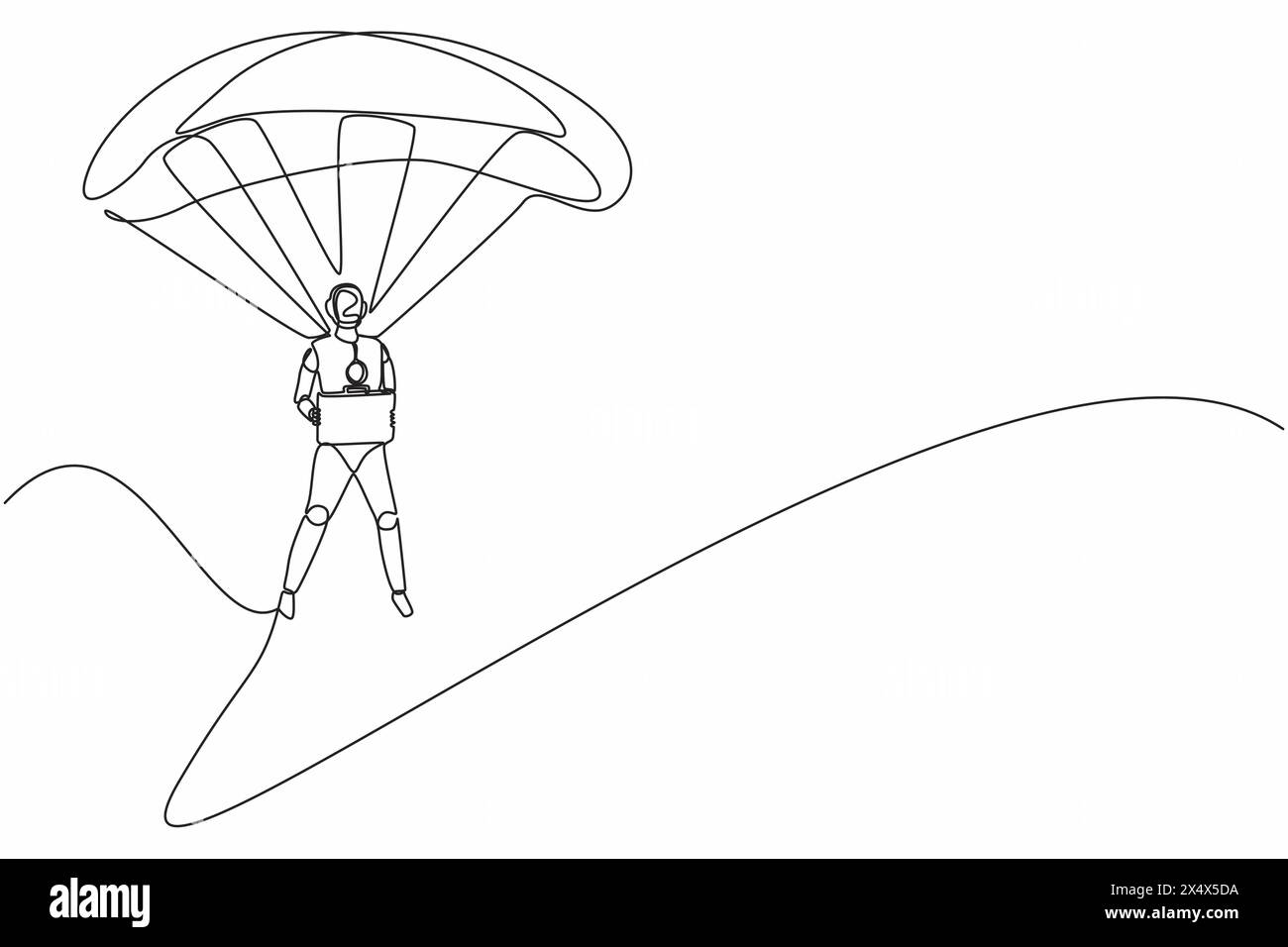 I robot da disegno a una sola linea saltano con il paracadute e la valigetta. Organismo cibernetico robot umanoide. Il futuro concetto di sviluppo robotico. Con Illustrazione Vettoriale