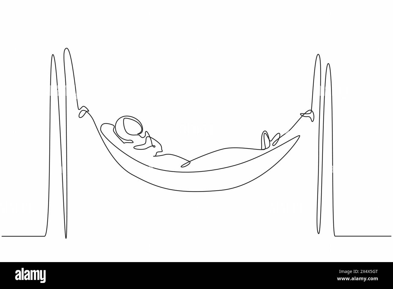 Una sola linea continua che disegna una donna d'affari araba è sdraiata in un'amaca e sogna grandi soldi. Comfort e svago. Ottenete la libertà finanziaria. Illustrazione Vettoriale