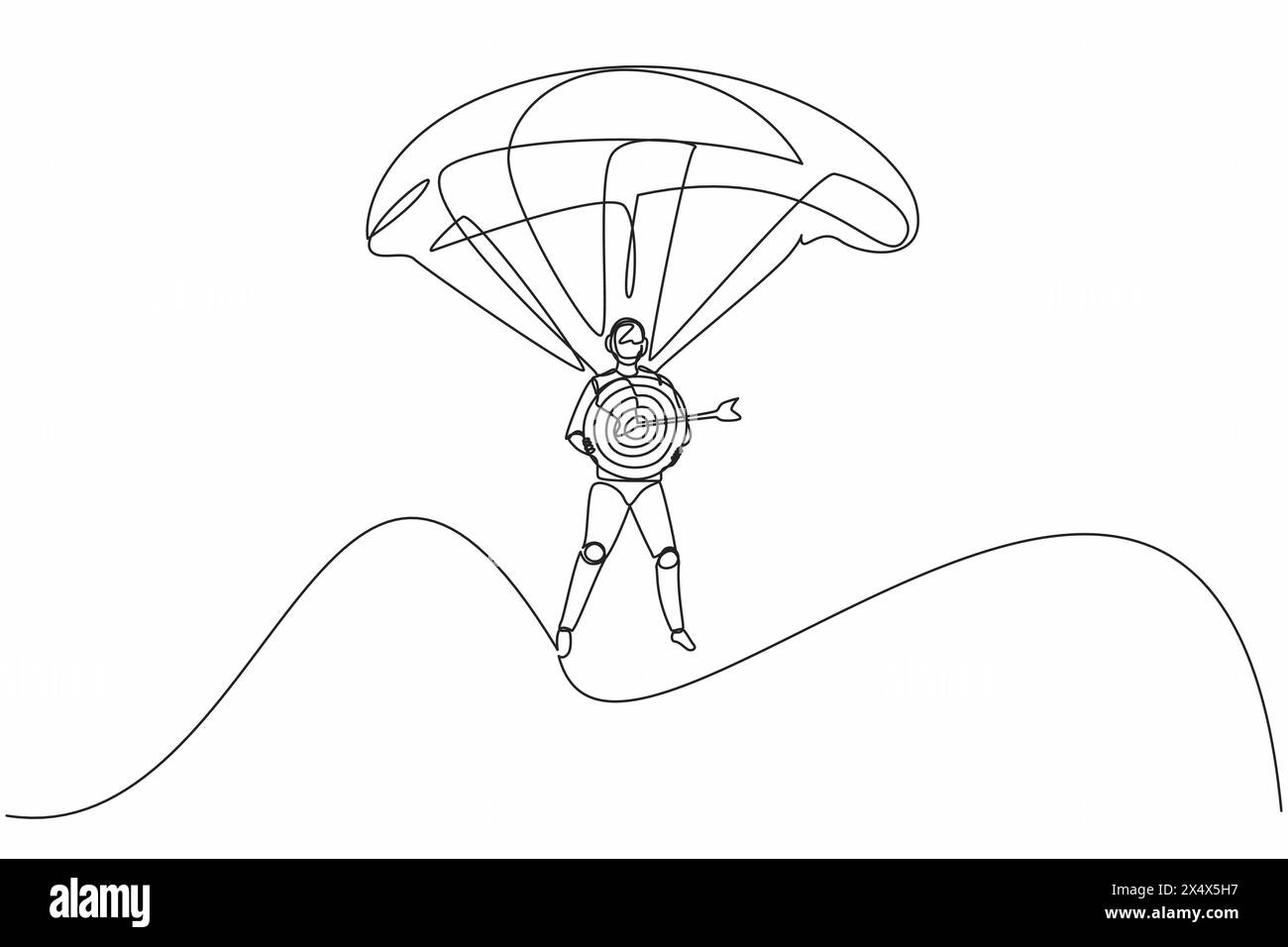 I robot di disegno a una linea continua saltano con il paracadute e il bersaglio di mantenimento. Organismo cibernetico robot umanoide. Il futuro concetto di sviluppo robotico. Si Illustrazione Vettoriale