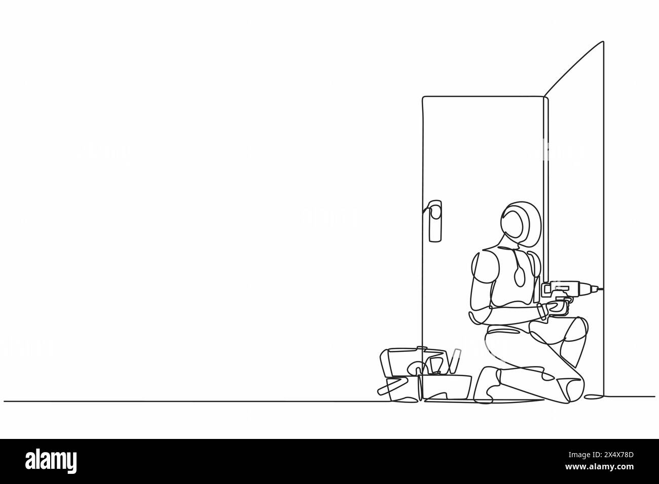 Linea singola continua che disegna il personale di riparazione robot con attrezzatura speciale, elemento porta di riparazione. Moderna intelligenza artificiale robotica. Tecnol. Elettronico Illustrazione Vettoriale