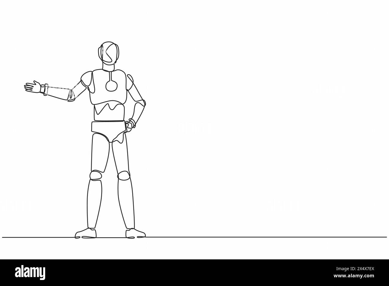 Robot continuo con disegno su una linea che mostra qualcosa o presenta un progetto. Organismo cibernetico robot umanoide. Il futuro concetto di sviluppo robotico. Peccato Illustrazione Vettoriale