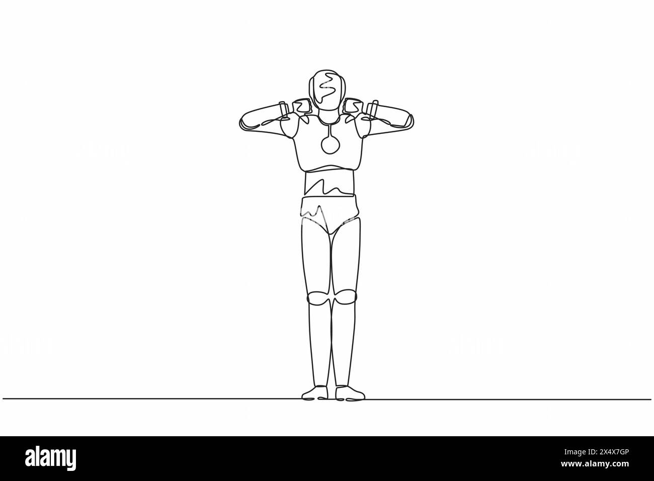 Robot di disegno continuo a una linea con gesti di segno con il pollice verso il basso. Non mi piace, non sono d'accordo, delusione, disapprovazione, niente accordo. Robot umanoide cibernetico Illustrazione Vettoriale