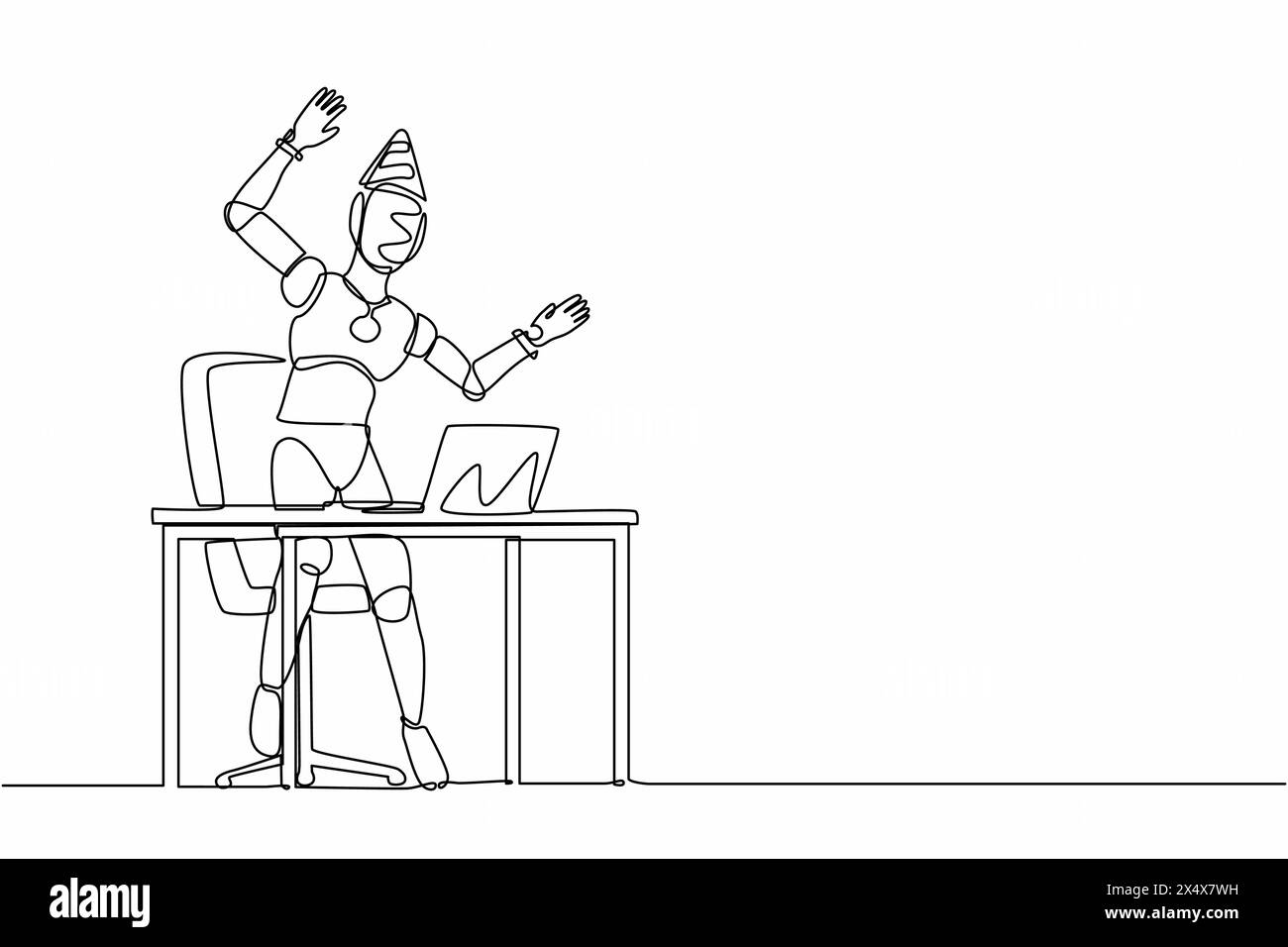 Il robot per il disegno a linea continua si trova in ufficio con la mano alzata e il computer celebra il successo. Intelligenza artificiale robotica. Tecnologia elettronica Illustrazione Vettoriale