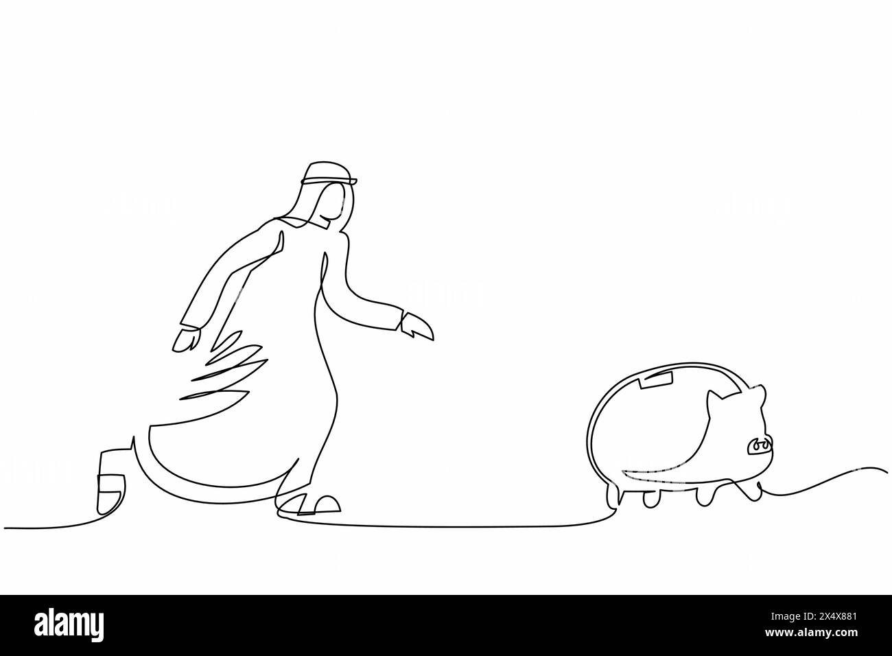 Una sola linea che attira un uomo d'affari arabo alla ricerca di salvadanaio. Concetto di risparmio economico. Perdita finanziaria, crisi economica. Metafora degli affari. Continuo moderno Illustrazione Vettoriale