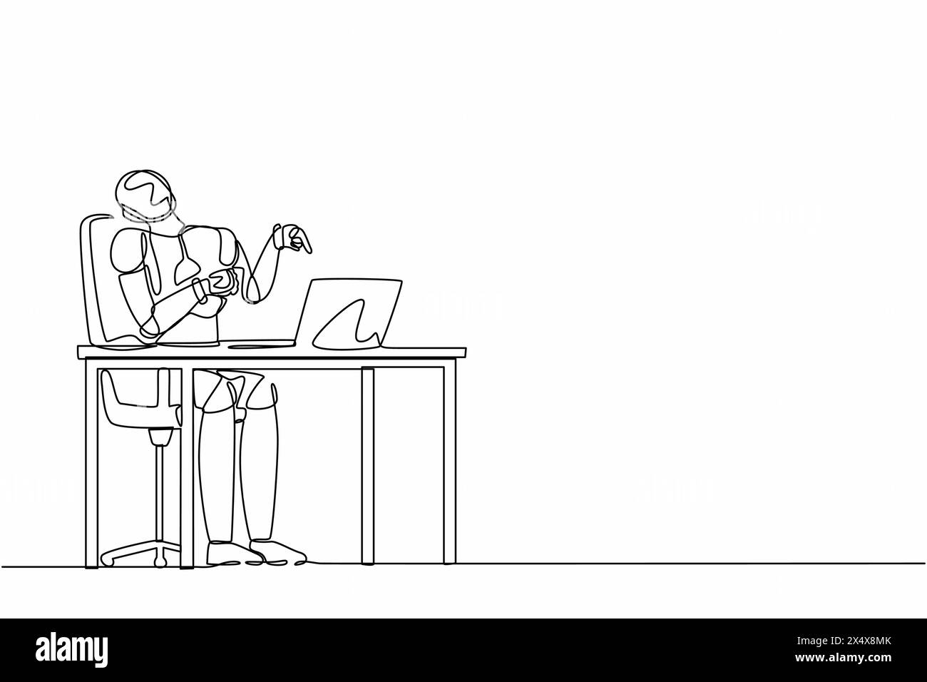 Il robot manager continua con una sola linea che disegna a ridere a voce alta mentre punta il dito verso il laptop. Organismo cibernetico robot umanoide. Futuro de robotica Illustrazione Vettoriale