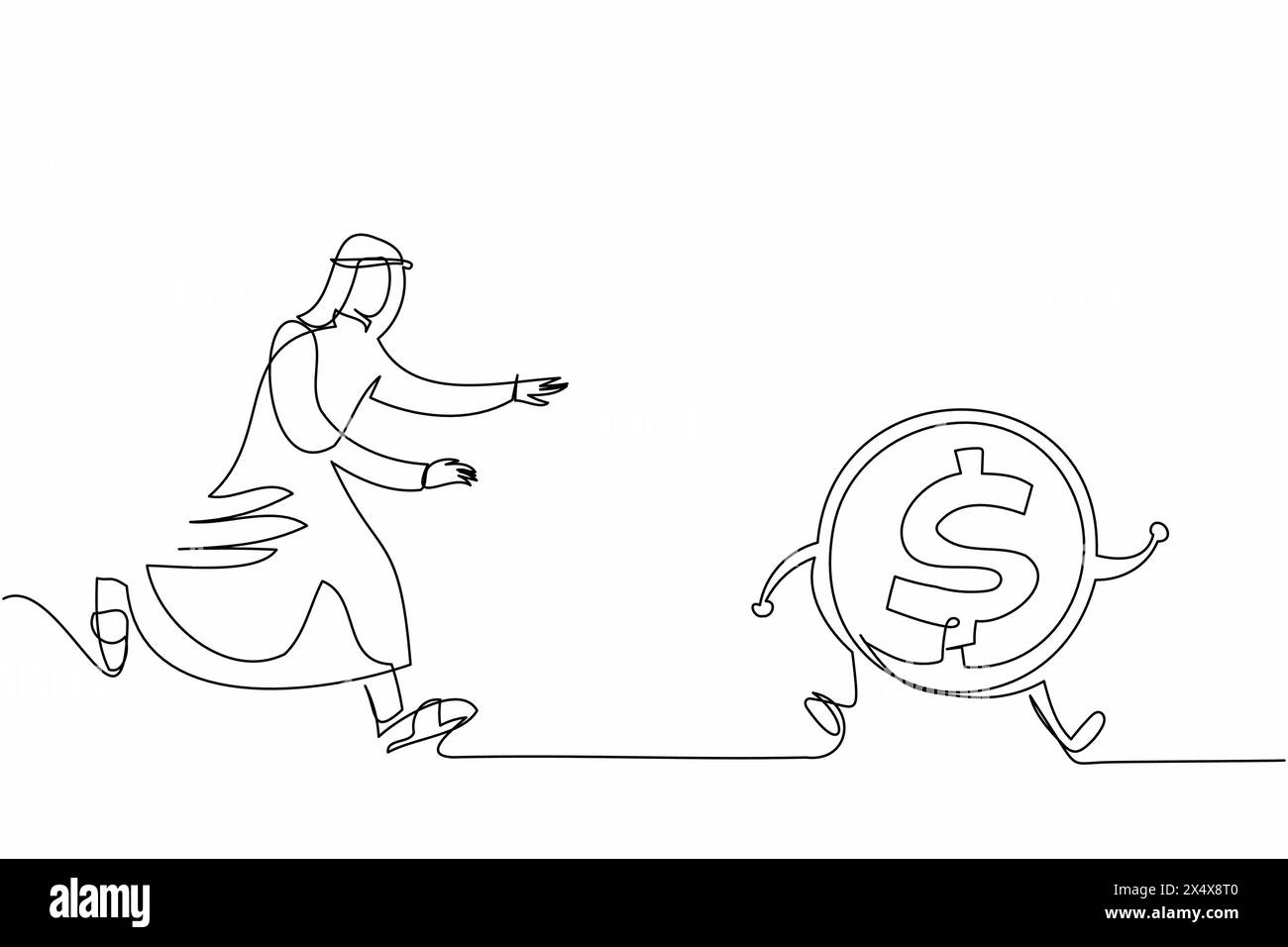 Linea singola continua che disegna un uomo d'affari arabo che insegue la moneta da un dollaro. Lottare per il successo, inseguire i sogni, fare profitti. Procurati quanti più soldi possibile Illustrazione Vettoriale