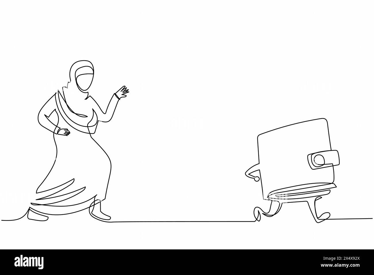 Linea singola continua che disegna una donna d'affari araba che insegue un portafoglio. Portamonete per risparmiare denaro in contanti. Shopping, mercato, acquisto, pagamento, concetto di finanza. Illustrazione Vettoriale