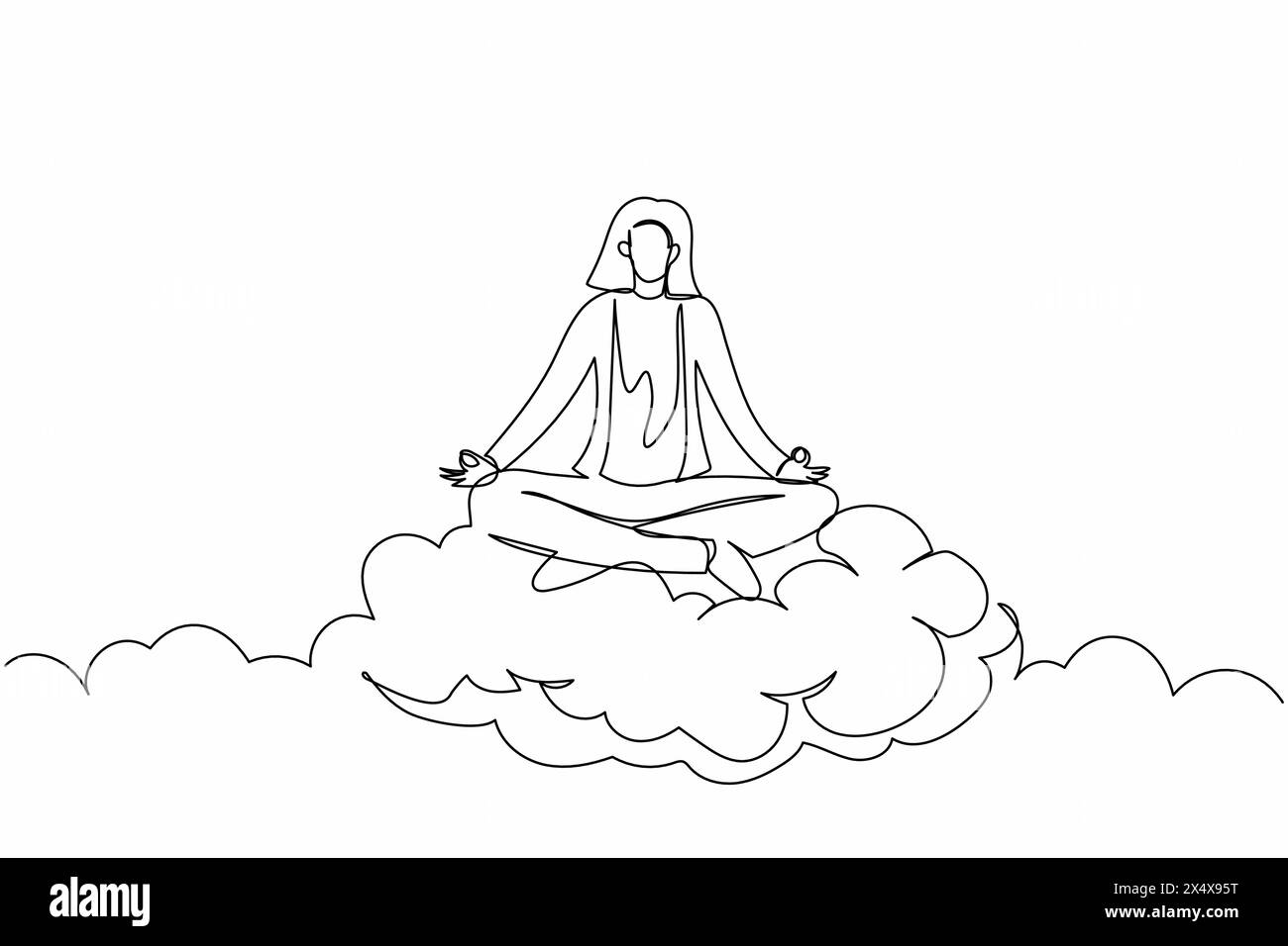 Una sola linea disegnando una donna d'affari rilassata medita in posizione di loto sulle nuvole. Manager donna riposante che si rilassa con yoga e meditazione in posa. Co Illustrazione Vettoriale