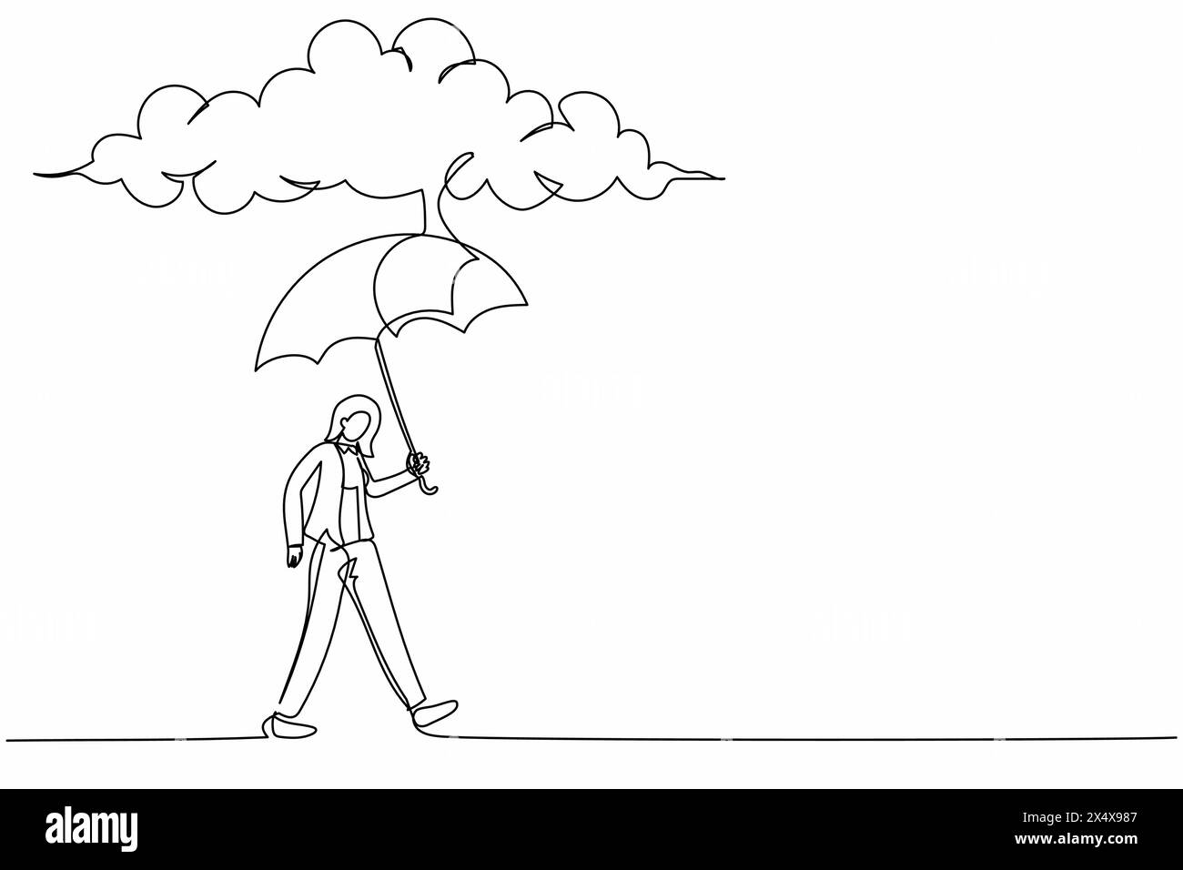 Una linea continua che attira una donna d'affari protettiva che cammina con un supporto per ombrelloni sotto le nuvole di pioggia. Depressione, passante con il tempo piovoso. Wom inzuppato Illustrazione Vettoriale