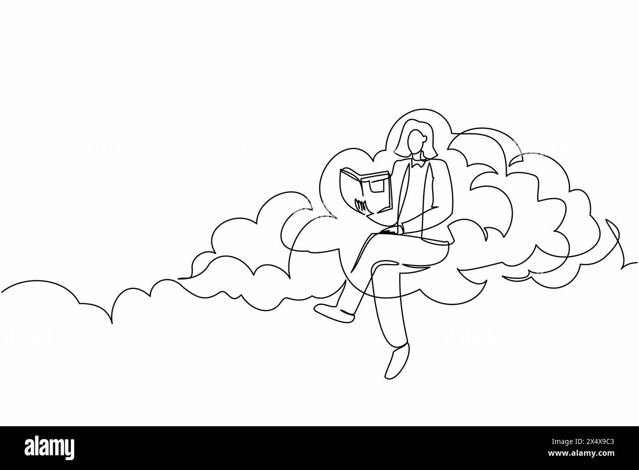 Una sola linea disegna una donna d'affari intelligente seduta sul cloud e leggendo un libro. Studiando per l'istruzione superiore. Perseguire la crescita professionale in ufficio. Co Illustrazione Vettoriale