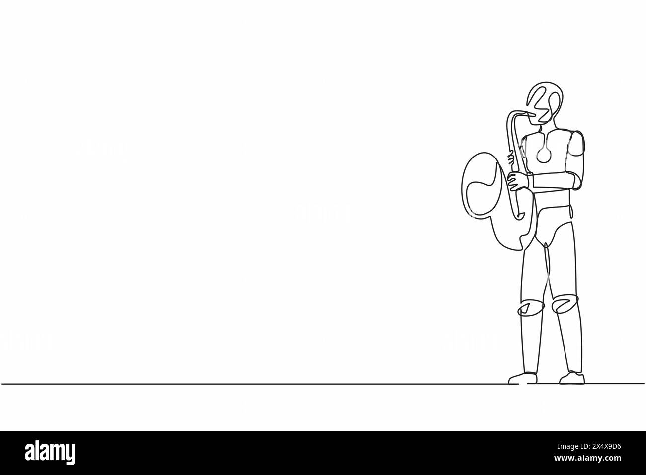 Sassofonista robotizzato a una sola linea si esibisce in musica jazz da festival. Sviluppo tecnologico futuro. Intelligenza artificiale e apprendimento automatico. Illustrazione Vettoriale