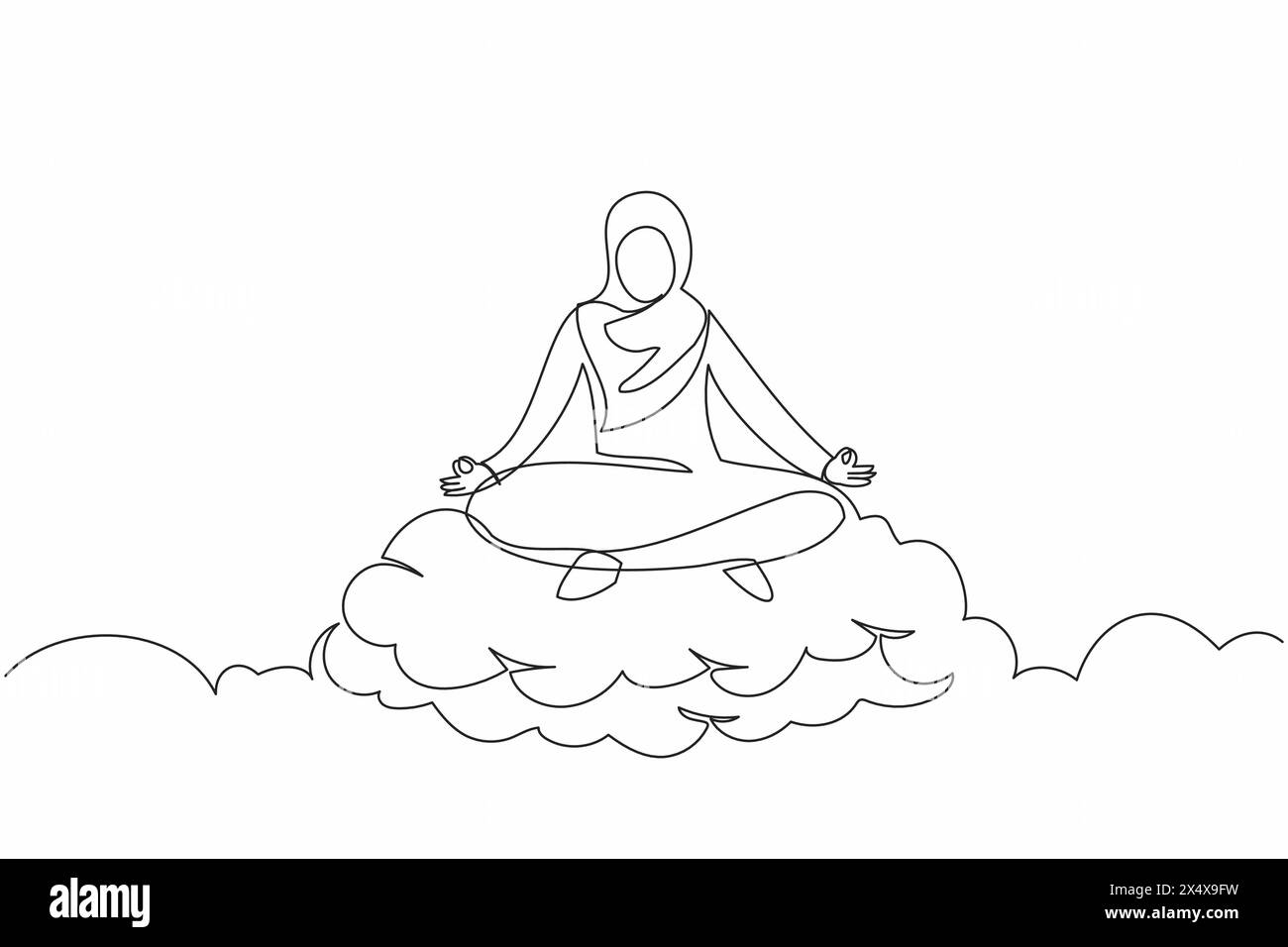 Disegno a linea singola continuo una donna d'affari araba rilassata medita in posizione di loto sulla nuvola. Riposante donna araba che si rilassa con una posa yoga. Dynami Illustrazione Vettoriale