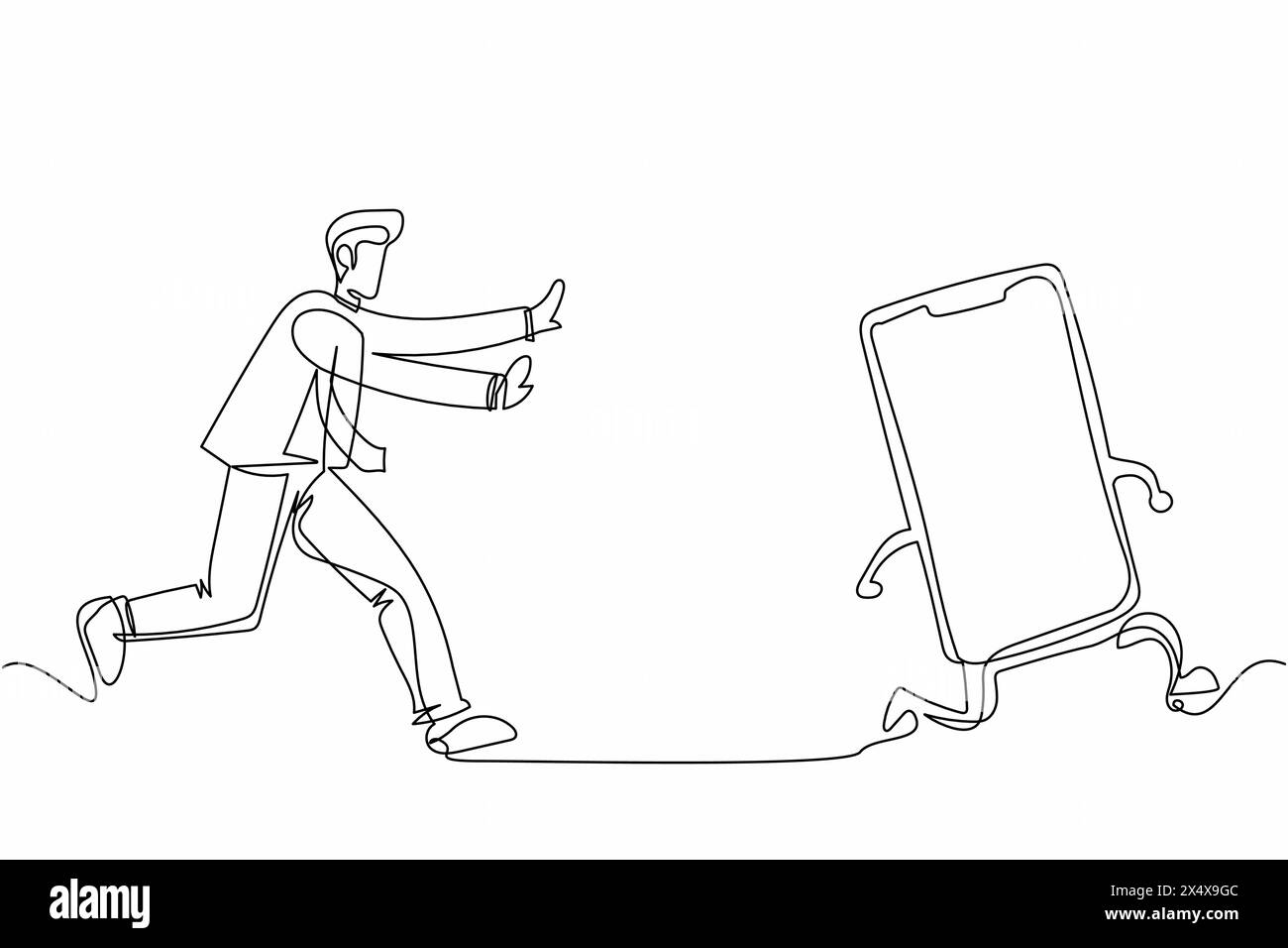 Un uomo d'affari che continua a disegnare una linea insegue cerca di catturare lo smartphone. Concetto di parlare, comunicazione, tecnologia, parlare. Metapho degli affari Illustrazione Vettoriale