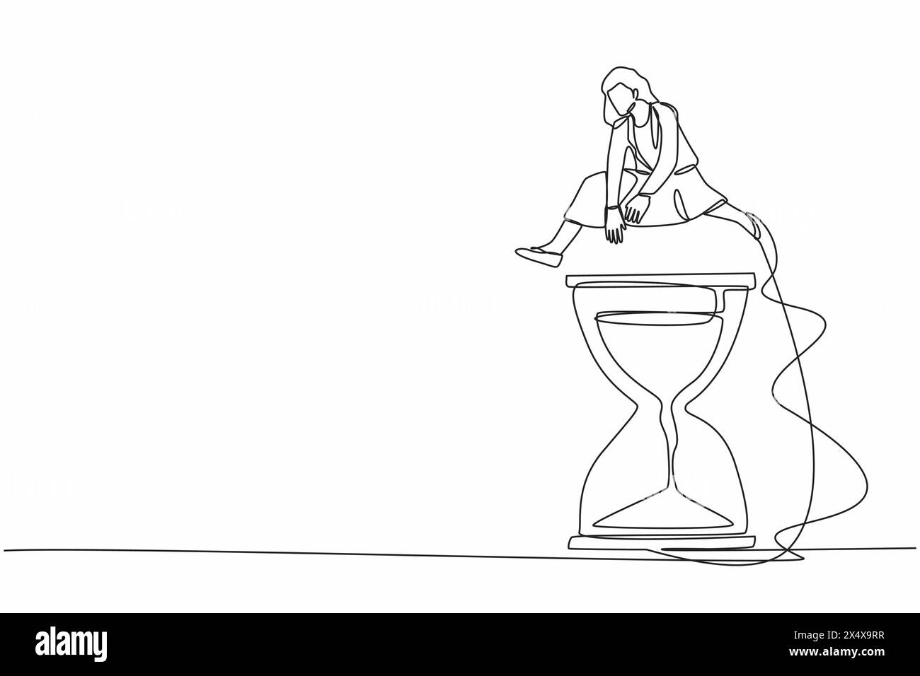 Una linea continua che attira una donna d'affari che salta sopra o passa la clessidra. Pianificazione aziendale e concetto di gestione del tempo. Scadenza o orario di lavoro ef Illustrazione Vettoriale