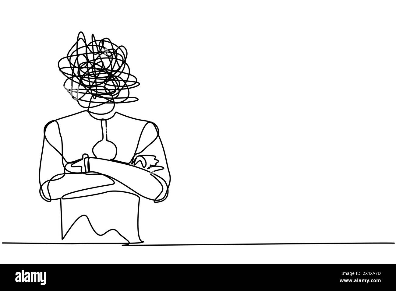 Robot singolo a una linea con scarabocchi rotondi al posto della testa, mantenendo le braccia incrociate. Robot in piedi con le braccia ripiegate in posizione. Sviluppo tecnologico Illustrazione Vettoriale