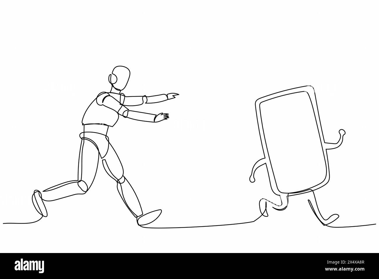 Uno smartphone con un unico disegno a linea continua che insegue il robot. Rivoluzione della comunicazione. Intelligenza artificiale robotica. Industria della tecnologia elettronica Illustrazione Vettoriale