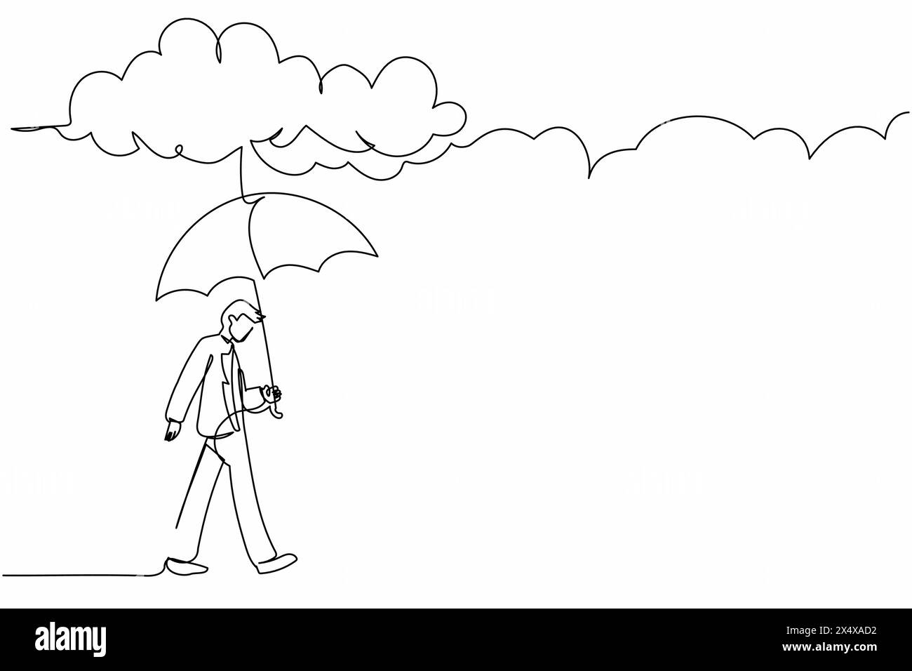 Linea singola continua che disegna un uomo d'affari che cammina con un ombrello sotto le nuvole di pioggia. Depressione, passante con il tempo piovoso. Uomo inzuppato, l'acqua viene versata Illustrazione Vettoriale