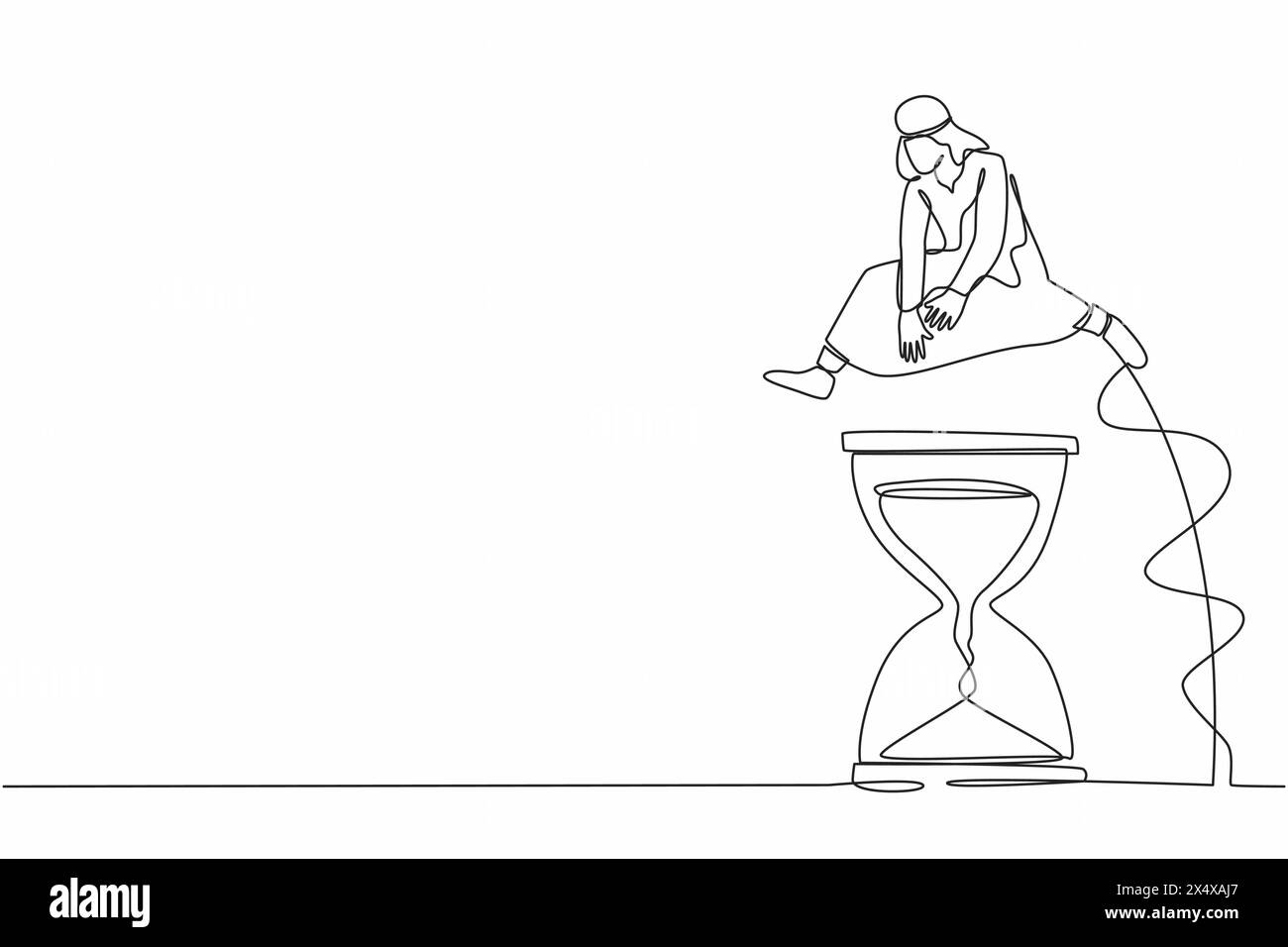 Una sola linea che attira un uomo d'affari arabo saltare sopra o passare la clessidra. Cultura del lavoro con orari. Efficienza delle scadenze dei progetti aziendali. Illustrazione Vettoriale