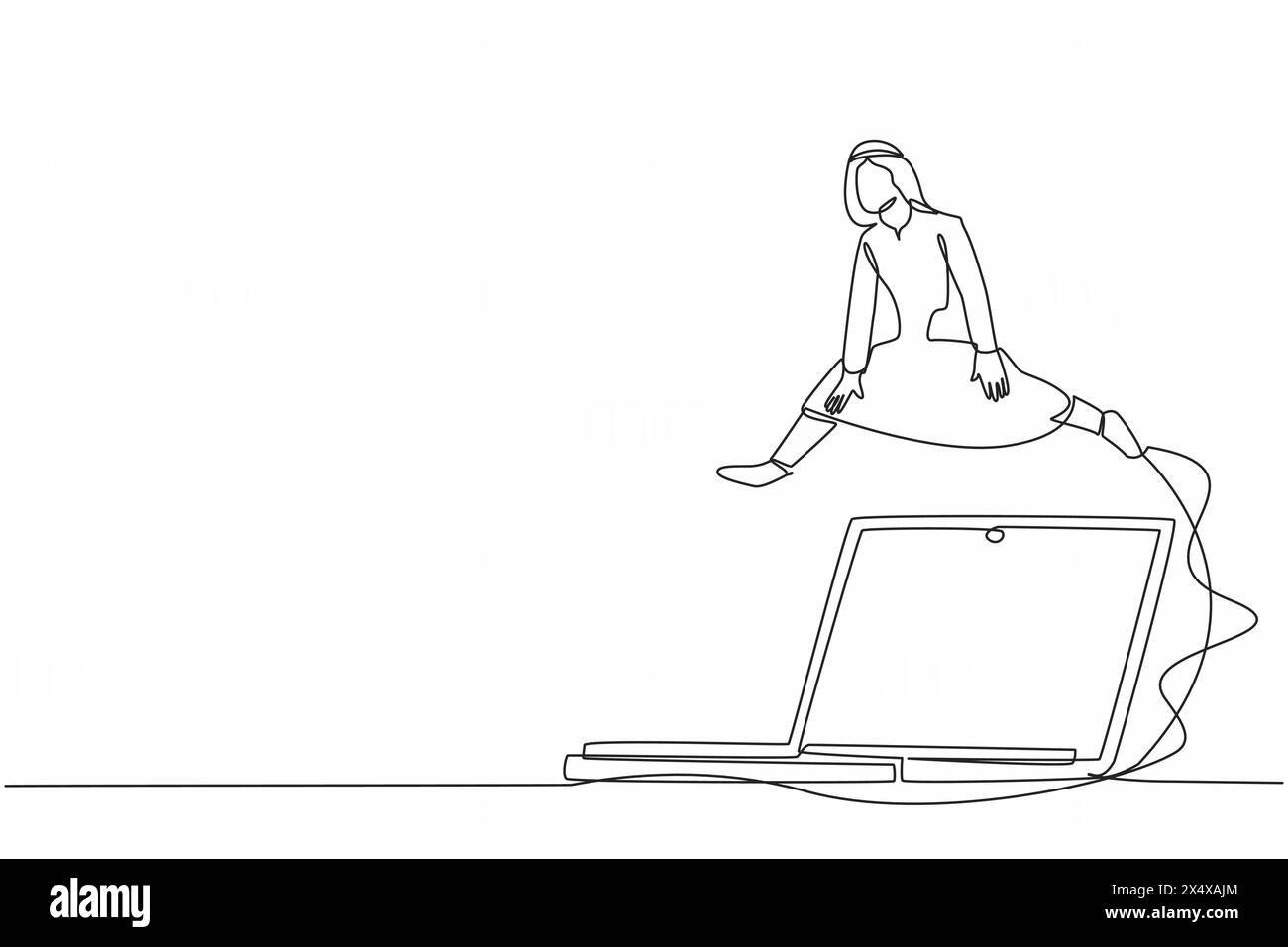 Una sola linea che attira un uomo d'affari arabo che salta su un grande notebook. Trasformazione della tecnologia digitale. Elaborazione dei dati di sistema per l'efficienza operativa. Illustrazione Vettoriale