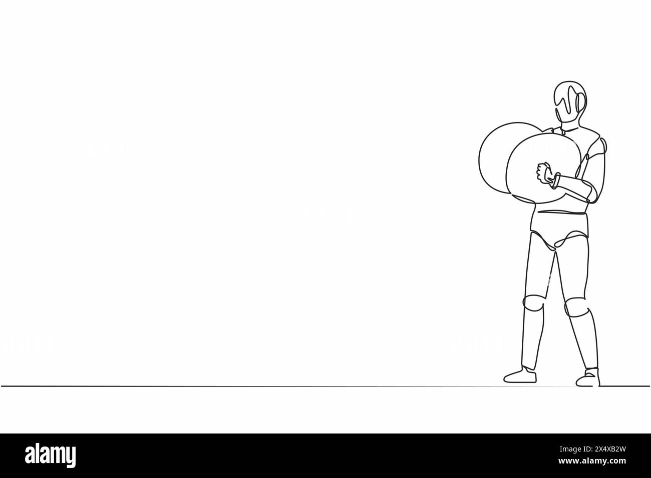 Una sola linea disegna robot musicista che suona piatti percussioni strumento musicale. Sviluppo tecnologico futuro. Intelligenza artificiale. Continua Illustrazione Vettoriale